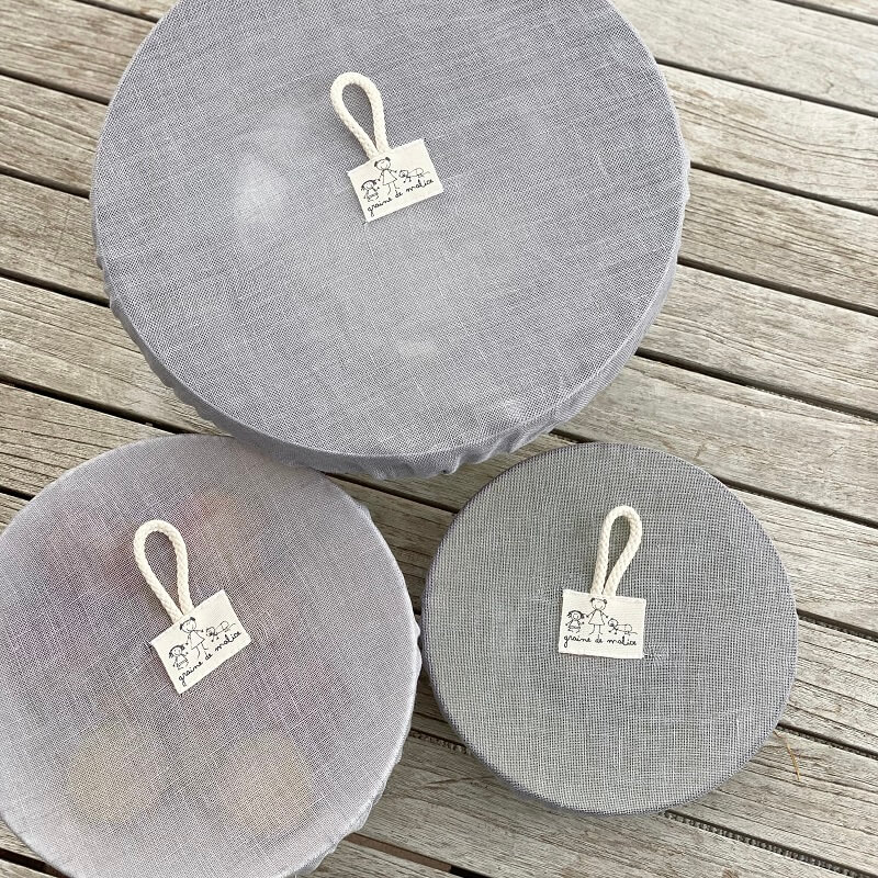 Trio de couvre-plats lavables en lin Gris perlé - Ø21cm - 27cm - 33cm