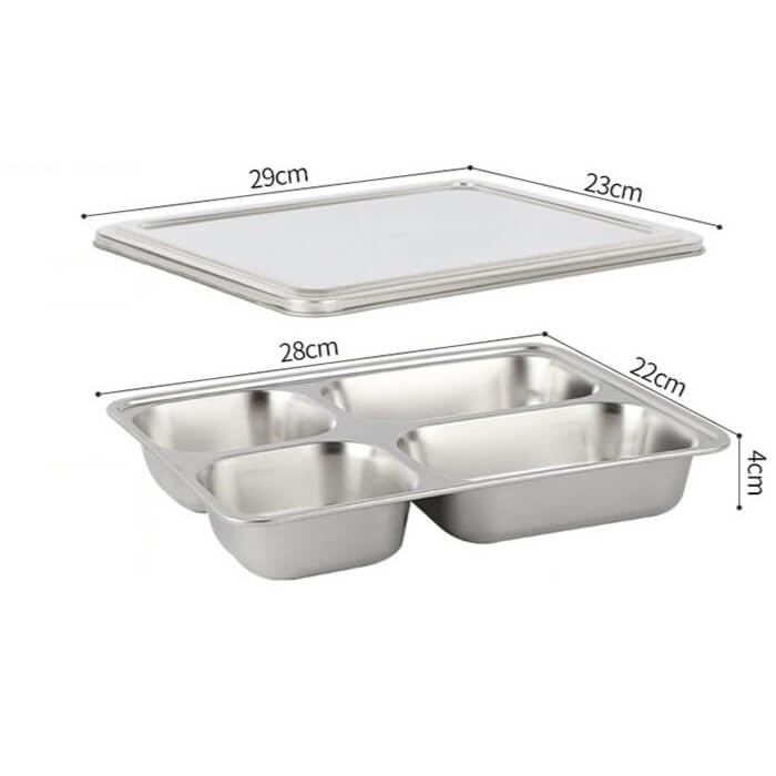 Plateau de cantine avec couvercle - 4 compartiments - Inox