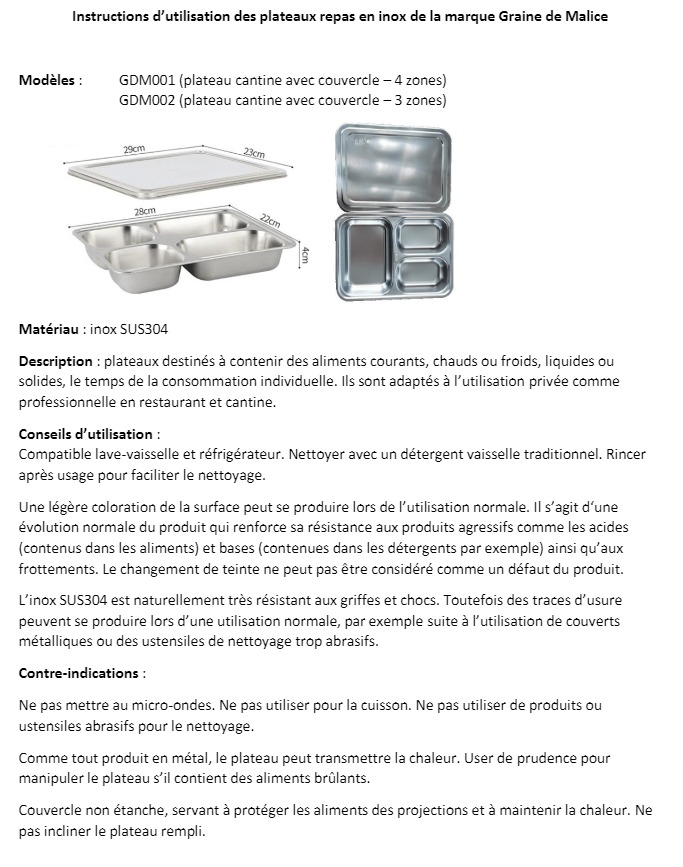 Plateau de cantine avec couvercle - 4 compartiments - Inox