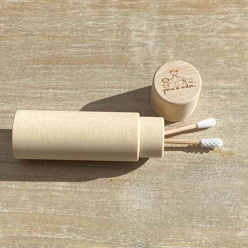 Duo reusable beauty pen and cotton bud with a wooden case